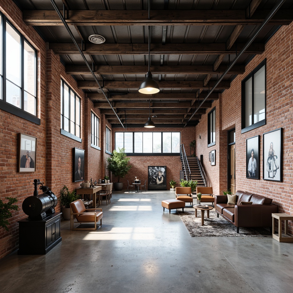 Prompt: Exposed brick walls, metal beams, industrial-style lighting fixtures, reclaimed wood accents, distressed finishes, urban loft atmosphere, modern industrial design, functional decorative elements, vintage manufacturing equipment, concrete floors, minimalist decor, neutral color palette, high ceilings, large windows, natural light, airy open space, 3/4 composition, shallow depth of field, realistic textures, ambient occlusion.