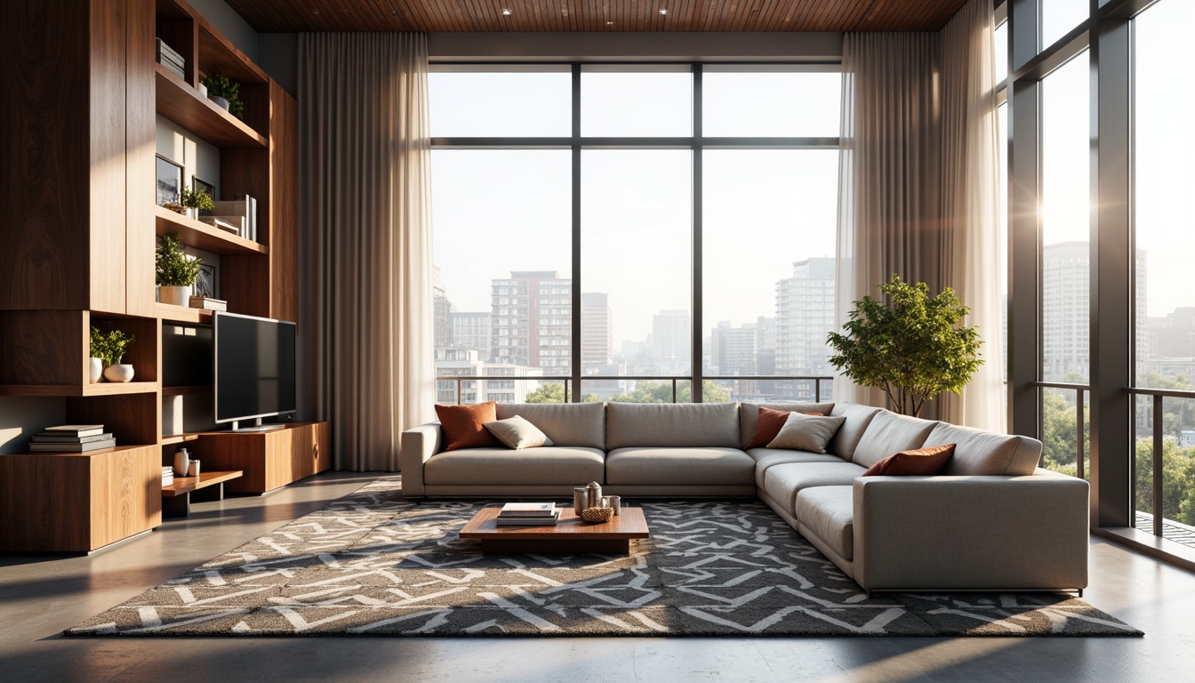 Prompt: Modern minimalist living room, sleek low-profile sofas, polished metal frames, rich walnut wood accents, geometric patterned rugs, floor-to-ceiling windows, natural light pouring in, urban cityscape views, subtle warm lighting, 1/1 composition, shallow depth of field, realistic textures, ambient occlusion.