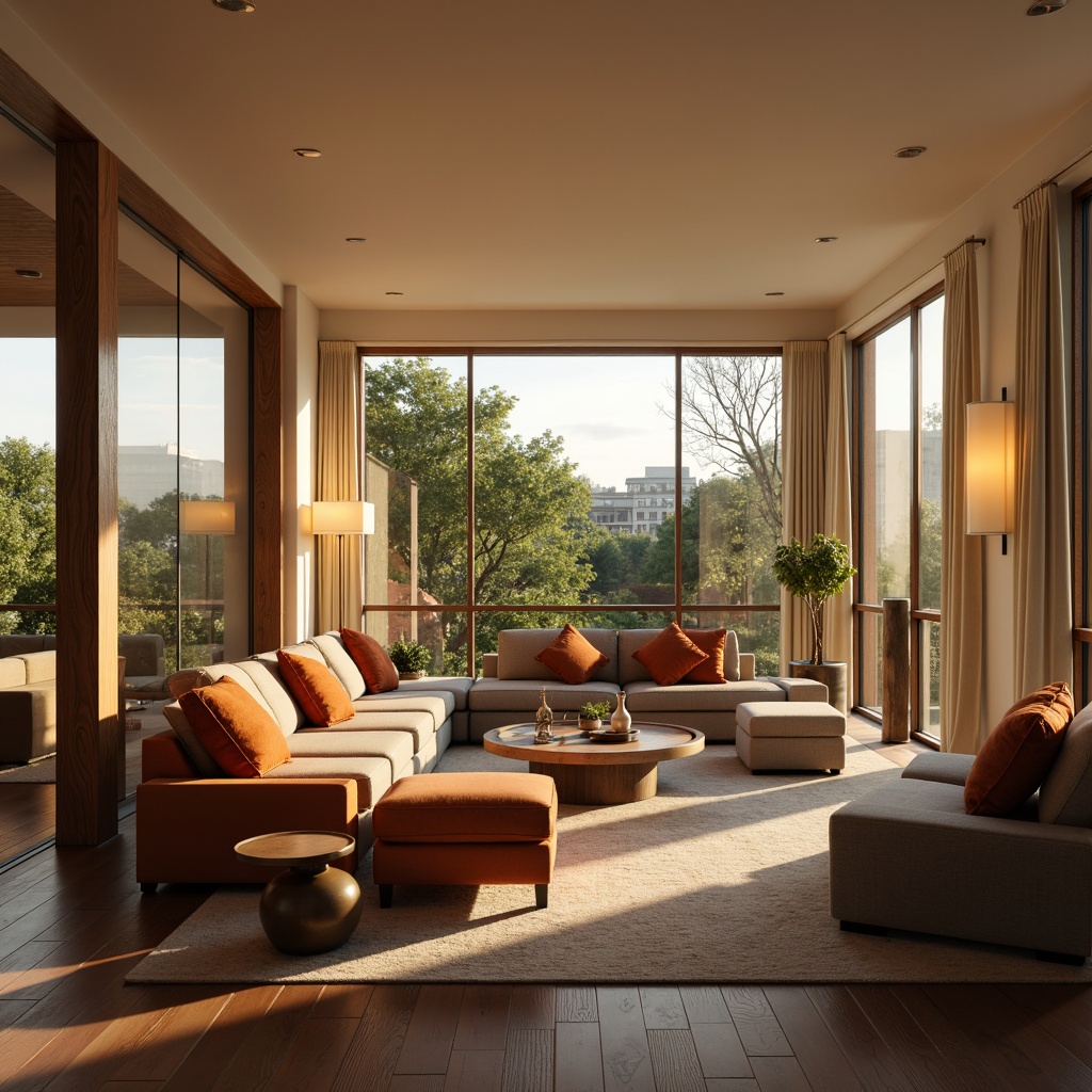 Prompt: Cozy living room, warm ambient lighting, floor lamps, table lamps, soft glow, comfortable seating, plush couches, vibrant throw pillows, modern coffee tables, decorative vases, natural wood flooring, creamy white walls, large windows, calming outdoor views, sunny afternoon, gentle warm light, shallow depth of field, 1/1 composition, realistic textures.