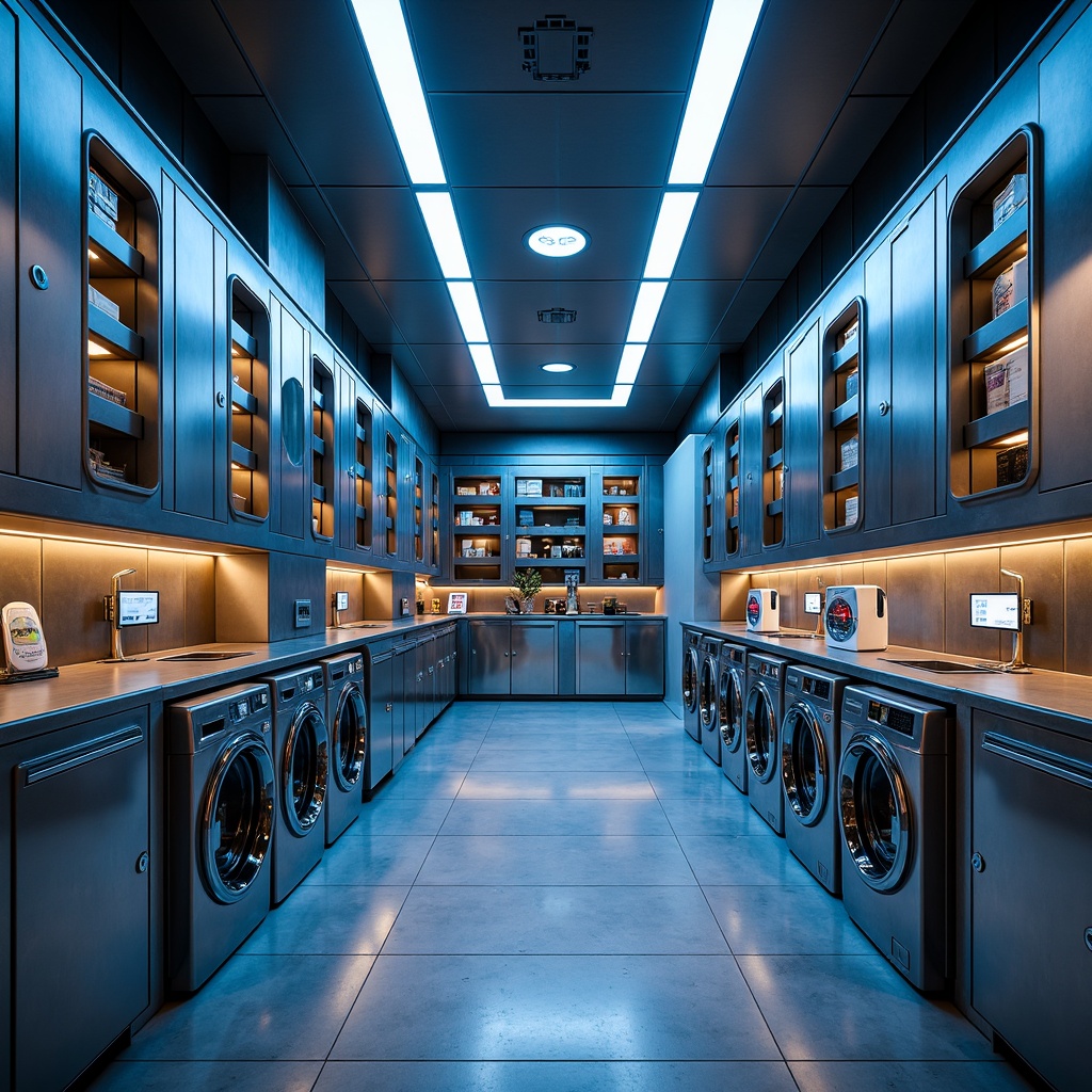 Prompt: Futuristic laundry room, sleek metal appliances, glowing neon lights, futuristic control panels, stainless steel countertops, minimalist shelving units, compact washing machines, advanced drying systems, automated sorting mechanisms, smart home integration, touchless soap dispensers, sterilizing UV lighting, polished chrome accents, angular lines, geometric patterns, high-gloss flooring, ambient occlusion, shallow depth of field, 3/4 composition, panoramic view.