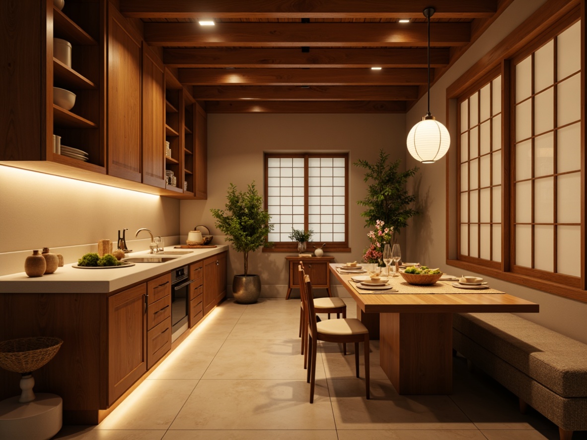 Prompt: Warm Asian-inspired kitchen, natural wood cabinetry, soft warm lighting, pendant lamps, paper lanterns, subtle LED strips, warm beige countertops, traditional Japanese sliding doors, rice paper wall coverings, minimal ornamentation, earthy tone color palette, ambient illumination, 3/4 composition, shallow depth of field, realistic textures.