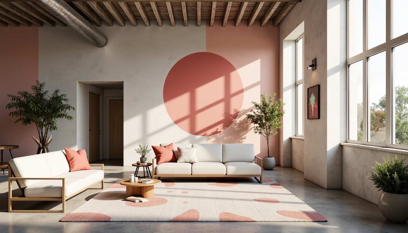 Prompt: Vibrant modern interior, bold color blocking, pastel hues, soft peach tones, rich charcoal accents, creamy whites, metallic gold fixtures, sleek minimalism, industrial chic, polished concrete floors, geometric patterns, abstract artwork, oversized windows, natural light pouring in, airy open spaces, 1/1 composition, high contrast lighting, dramatic shadows.