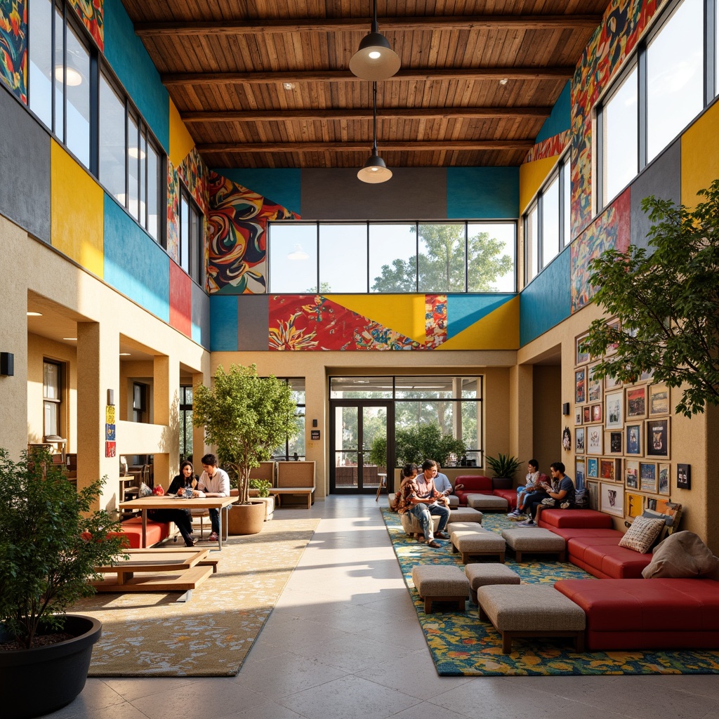 Prompt: Vibrant eclectic school building, bold color blocks, playful murals, mixed material textures, reclaimed wood accents, industrial metal beams, distressed brick walls, eclectic furniture pieces, vintage decorative items, lush greenery, natural light pouring in, warm beige tones, deep blue hues, bright yellow accents, bold red statements, whimsical patterned rugs, abstract art installations, modern technology integration, collaborative learning spaces, flexible seating arrangements, cozy reading nooks, warm task lighting, shallow depth of field, 1/2 composition, realistic textures, ambient occlusion.