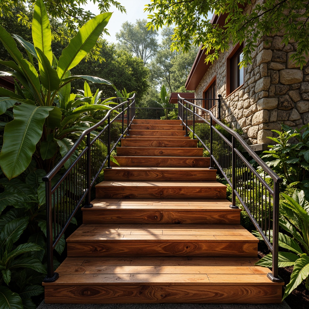 Prompt: Tropical staircase, exotic hardwood treads, rich brown colors, glossy finishes, ornate metal railings, lush greenery surroundings, natural stone walls, bright sunlight filtering, warm humid climate, durable water-resistant materials, slip-resistant surfaces, textured wood grains, intricate carvings, elegant curve designs, 1/2 composition, soft warm lighting, ambient occlusion.