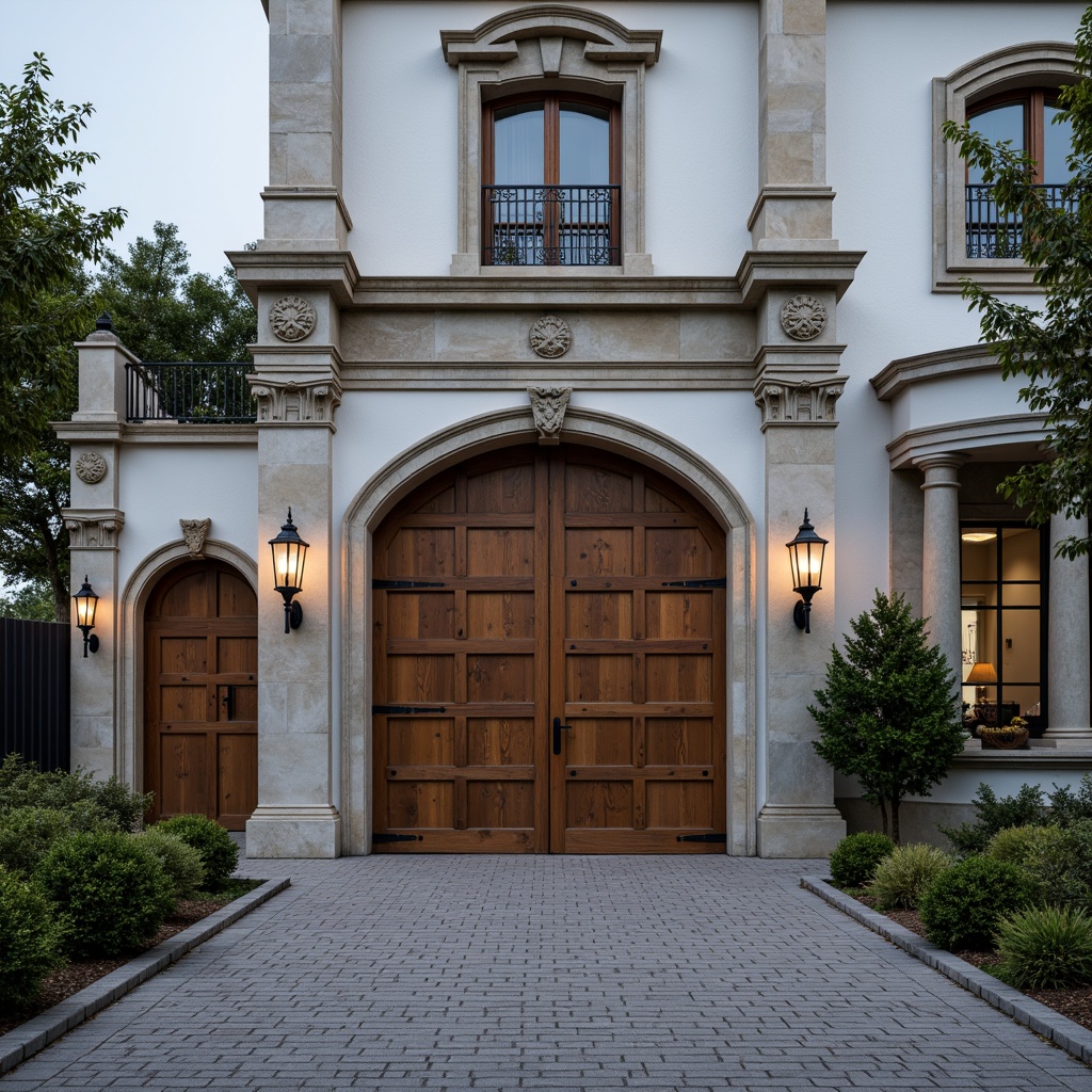 Prompt: Elegant garage facade, ornate stone columns, curved archways, decorative cornices, rustic wooden doors, vintage metal lanterns, symmetrical composition, classic pediments, grand entrance gates, manicured lawns, cobblestone driveways, subtle warm lighting, soft focus, shallow depth of field, 1/2 composition, realistic textures, ambient occlusion.