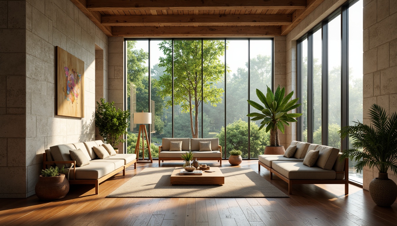 Prompt: Vibrant living room, large windows, natural stone walls, wooden flooring, comfortable couches, minimalist decor, plenty of greenery, warm sunny day, soft diffused lighting, shallow depth of field, 1/1 composition, panoramic view, realistic textures, ambient occlusion.