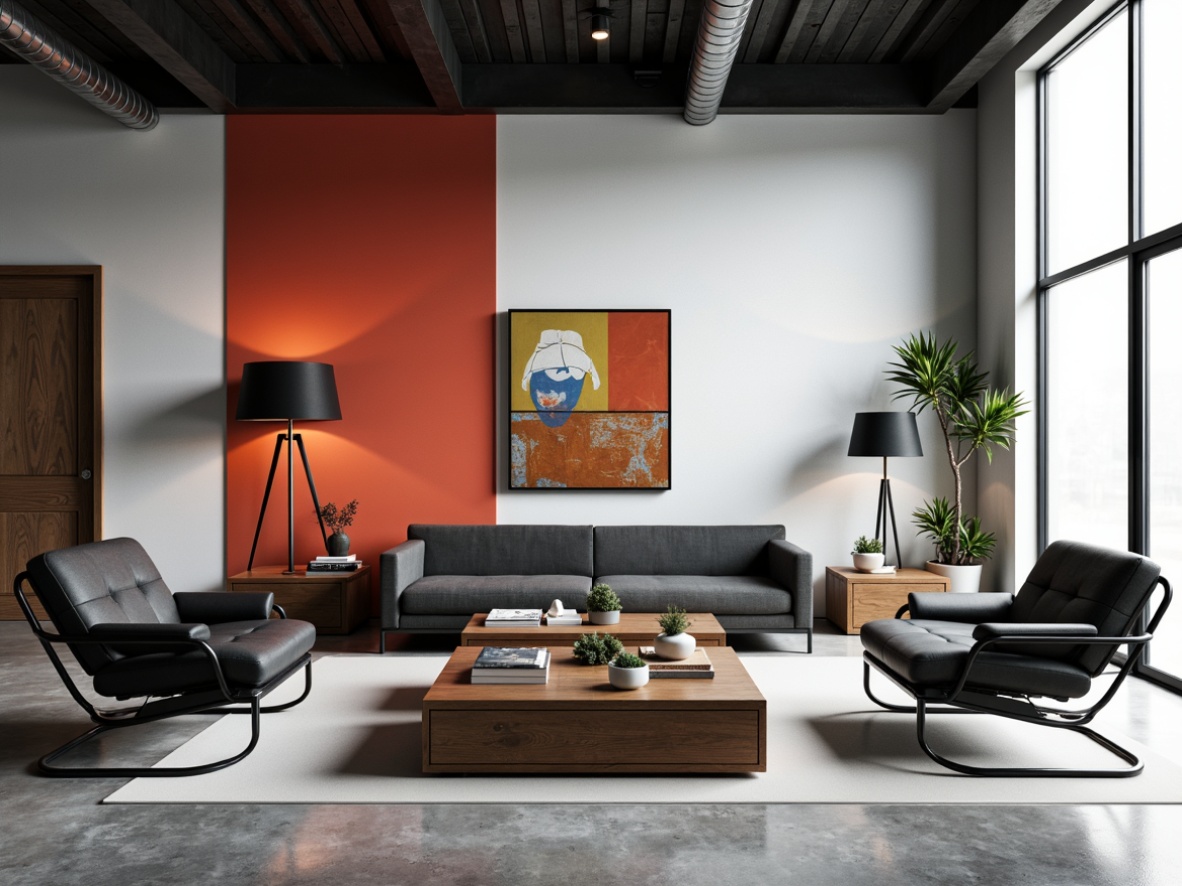 Prompt: Minimalist living room, geometric shapes, bold color blocks, industrial materials, sleek metal furniture, tubular steel chairs, rectangular coffee tables, functional storage units, monochromatic color scheme, abstract artwork, futuristic pendant lamps, polished concrete floors, large windows, natural light pouring in, shallow depth of field, 1/1 composition, high contrast lighting, dramatic shadows, Bauhaus-inspired patterns, avant-garde decor.