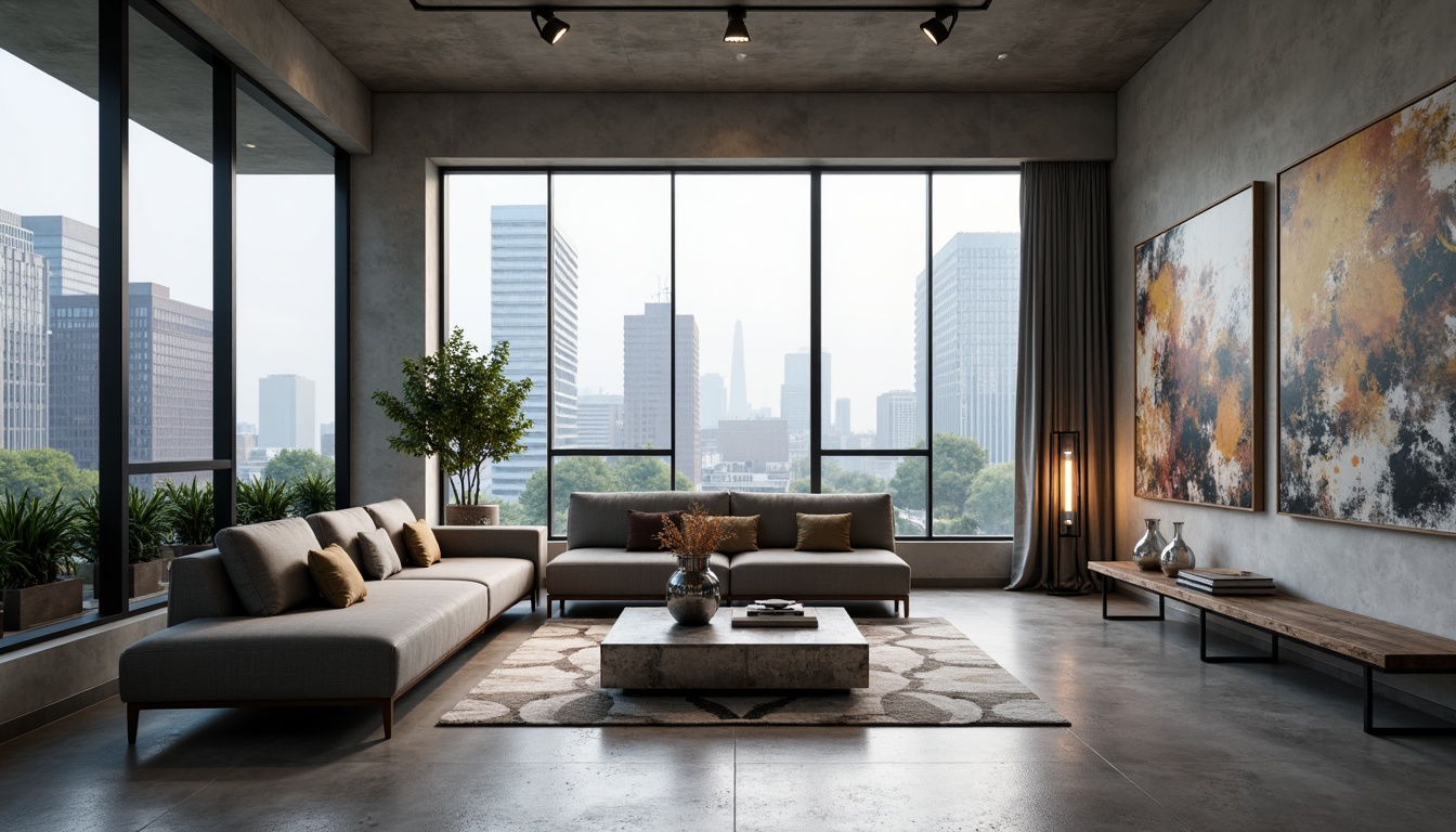 Prompt: Minimalist living room, sleek low-profile sofa, tufted ottoman, industrial metal coffee table, geometric patterned rug, floor-to-ceiling windows, urban cityscape view, modern abstract artwork, track lighting, minimalist decor, polished concrete floors, reclaimed wood accents, metallic silver vases, potted succulents, atmospheric misty lighting, 1/1 composition, cinematic depth of field, realistic reflections.