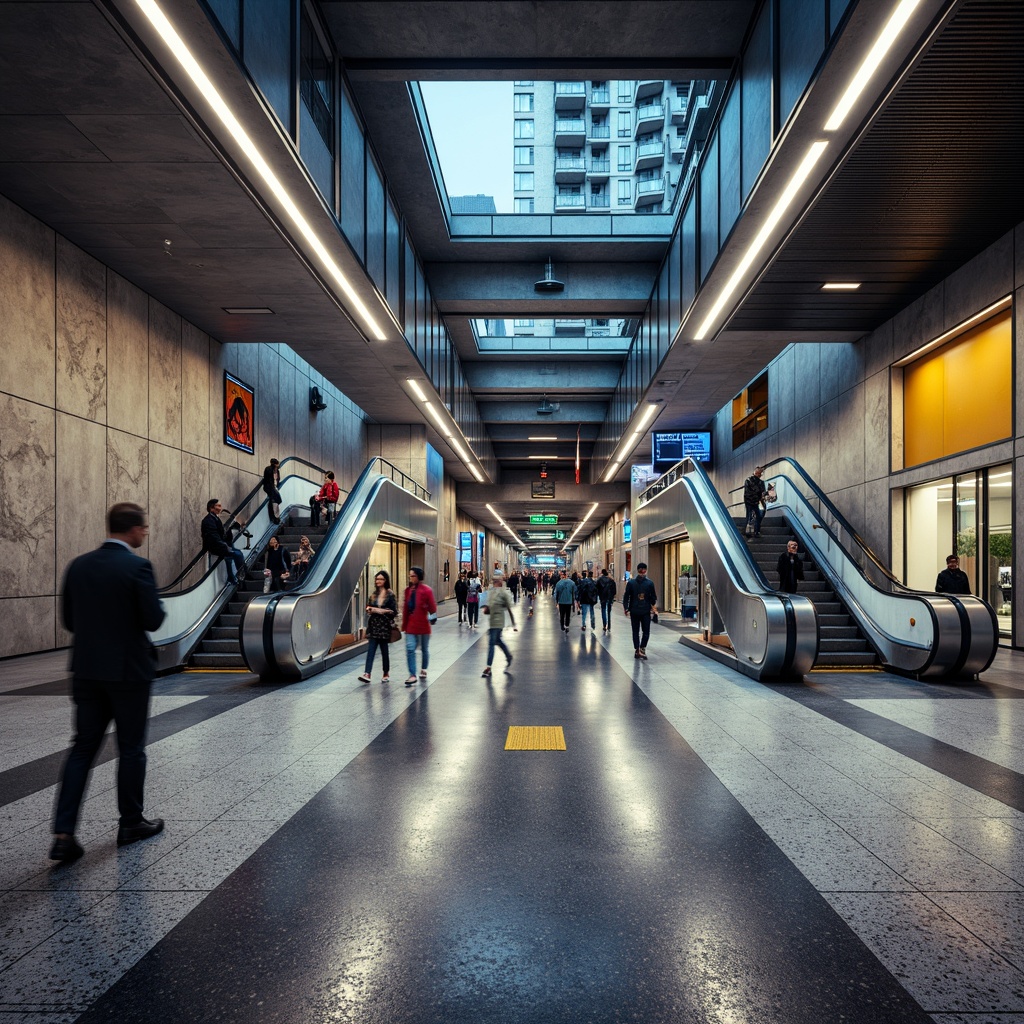 Prompt: Vibrant metro station, transitional style design, sleek modern architecture, polished granite flooring, metallic accents, LED lighting strips, dynamic escalators, flowing staircases, urban cityscape views, bustling commuter traffic, rush hour atmosphere, natural stone walls, industrial-chic concrete ceilings, geometric patterned tiles, bold color schemes, futuristic ambiance, high-contrast lighting, shallow depth of field, 1/2 composition, cinematic rendering, realistic reflections.