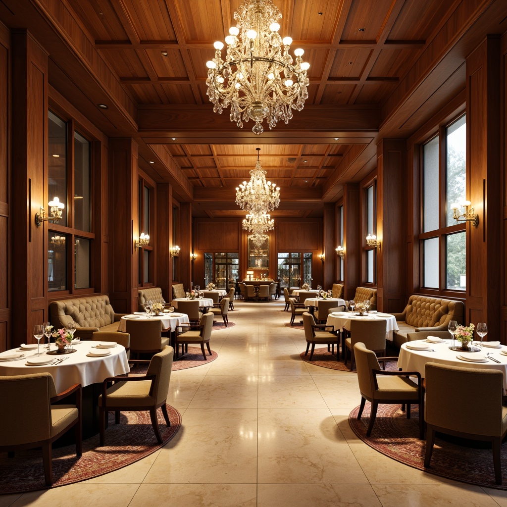 Prompt: Luxurious dining hall, rich wood tones, warm beige marble, soft velvet upholstery, metallic accents, elegant crystal chandeliers, refined ceramic tableware, plush area rugs, comfortable cushioned seating, intimate ambiance, soft warm lighting, shallow depth of field, 3/4 composition, realistic textures, ambient occlusion.