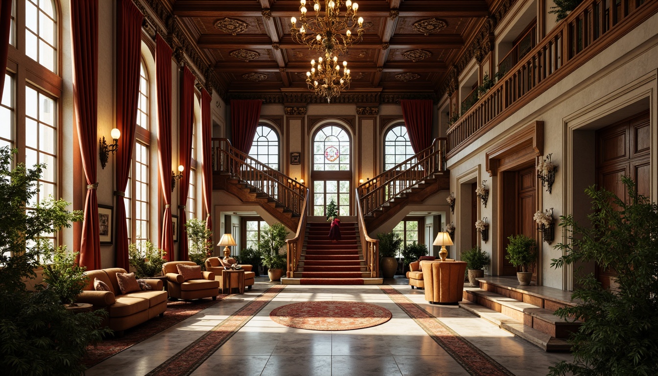 Prompt: Ornate Victorian mansion, intricate stonework, grand entrance, ornamental facades, stained glass windows, carved wooden doors, sweeping staircases, lavish chandeliers, rich velvet drapes, elegant furnishings, polished marble floors, high ceilings, abundant natural light, warm golden lighting, soft focus, 1/2 composition, symmetrical framing, realistic material textures, subtle ambient occlusion.