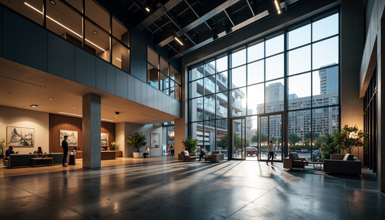 Prompt: Modern office building, sleek glass fa\u00e7ade, open floor plan, minimalist decor, natural light pouring in, warm LED ambient lighting, subtle color temperature changes, soft shadows, dramatic spotlights, layered lighting effects, 1/2 composition, shallow depth of field, realistic textures, ambient occlusion.