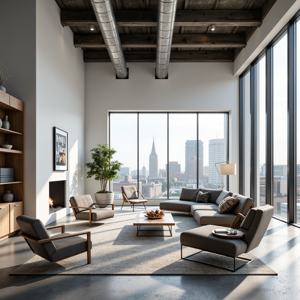 Prompt: Minimalist Bauhaus building, open floor plan, industrial materials, exposed ductwork, concrete floors, steel beams, large windows, natural light, urban landscape, cityscape views, modern furniture, geometric shapes, functional decor, monochromatic color scheme, bold typography, abstract art pieces, sleek metal accents, polished wooden surfaces, airy atmosphere, shallow depth of field, 2/3 composition, symmetrical framing, soft diffused lighting.