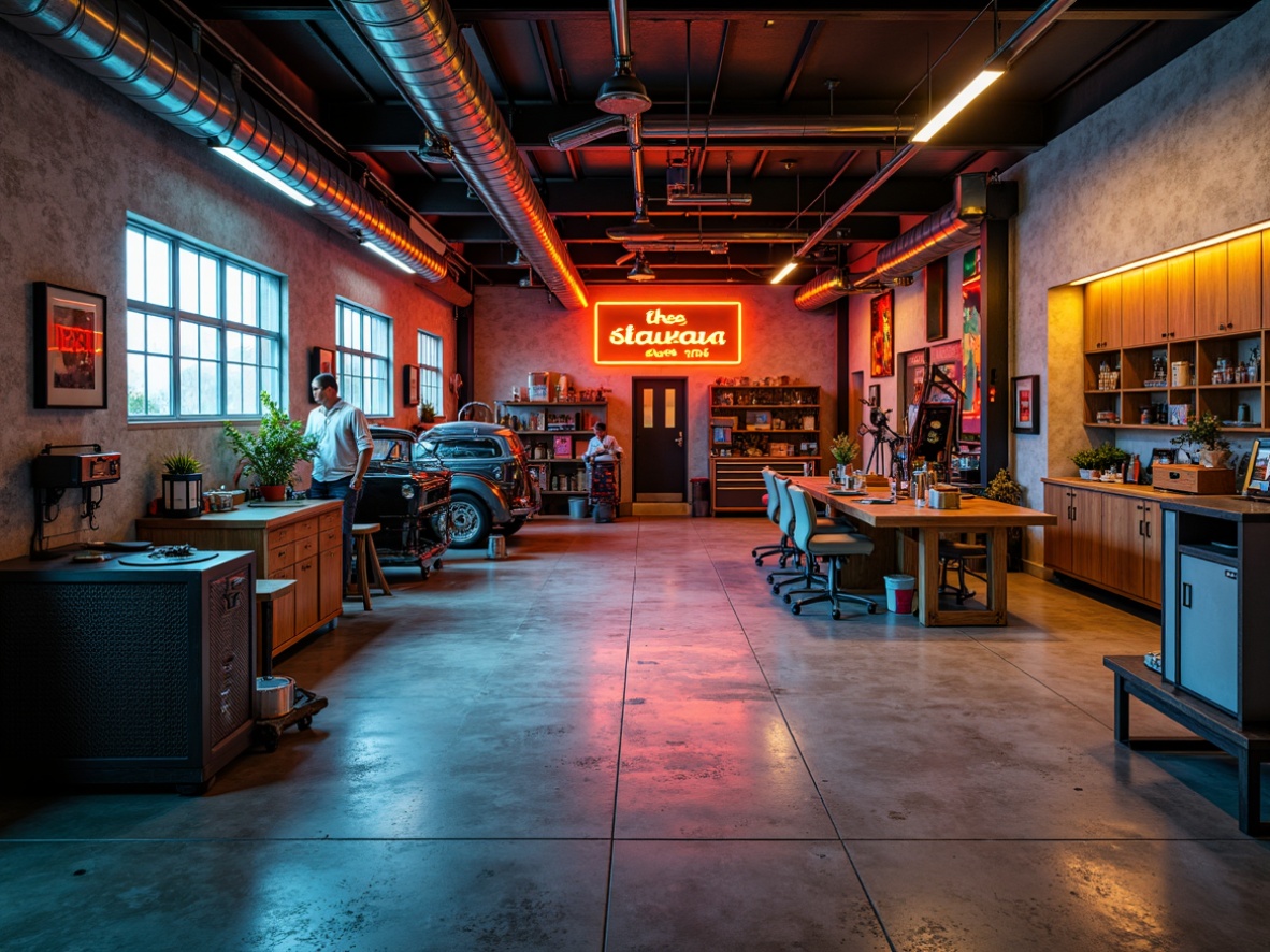 Prompt: Vibrant garage interior, bold industrial colors, metallic finishes, neon accents, concrete floors, steel beams, modern machinery, sleek toolboxes, rustic wooden cabinets, warm LED lighting, shallow depth of field, 1/1 composition, realistic textures, ambient occlusion, earthy tones, deep blues, fiery reds, sunny yellow highlights.