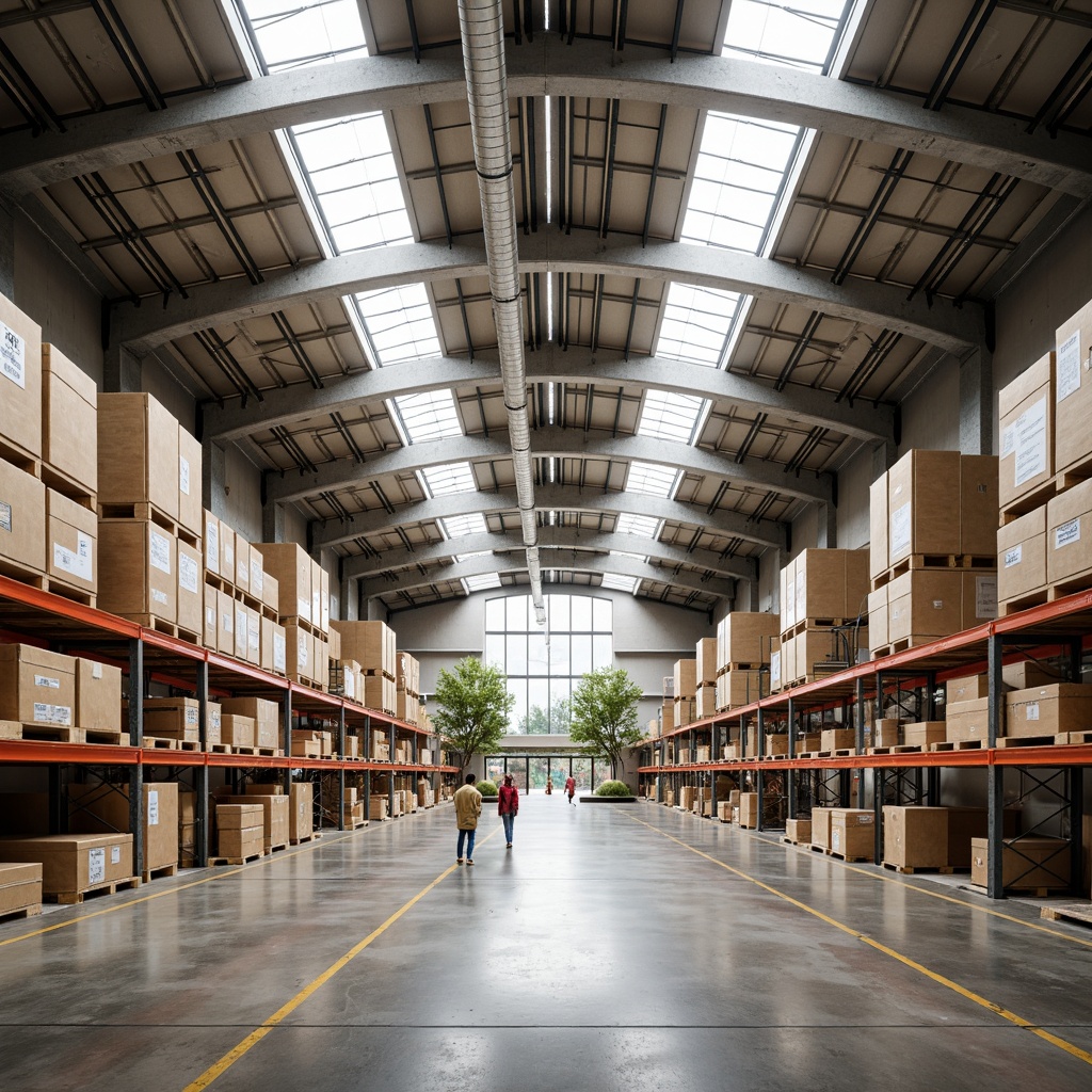 Prompt: Industrial distribution center, high vaulted ceilings, exposed ductwork, metal beams, polished concrete floors, rhythmic rows of shelving, abundant natural light, clerestory windows, modern industrial lighting, minimalist decor, functional simplicity, warm beige tones, subtle textures, shallow depth of field, 1/1 composition, symmetrical framing, realistic renderings, ambient occlusion.