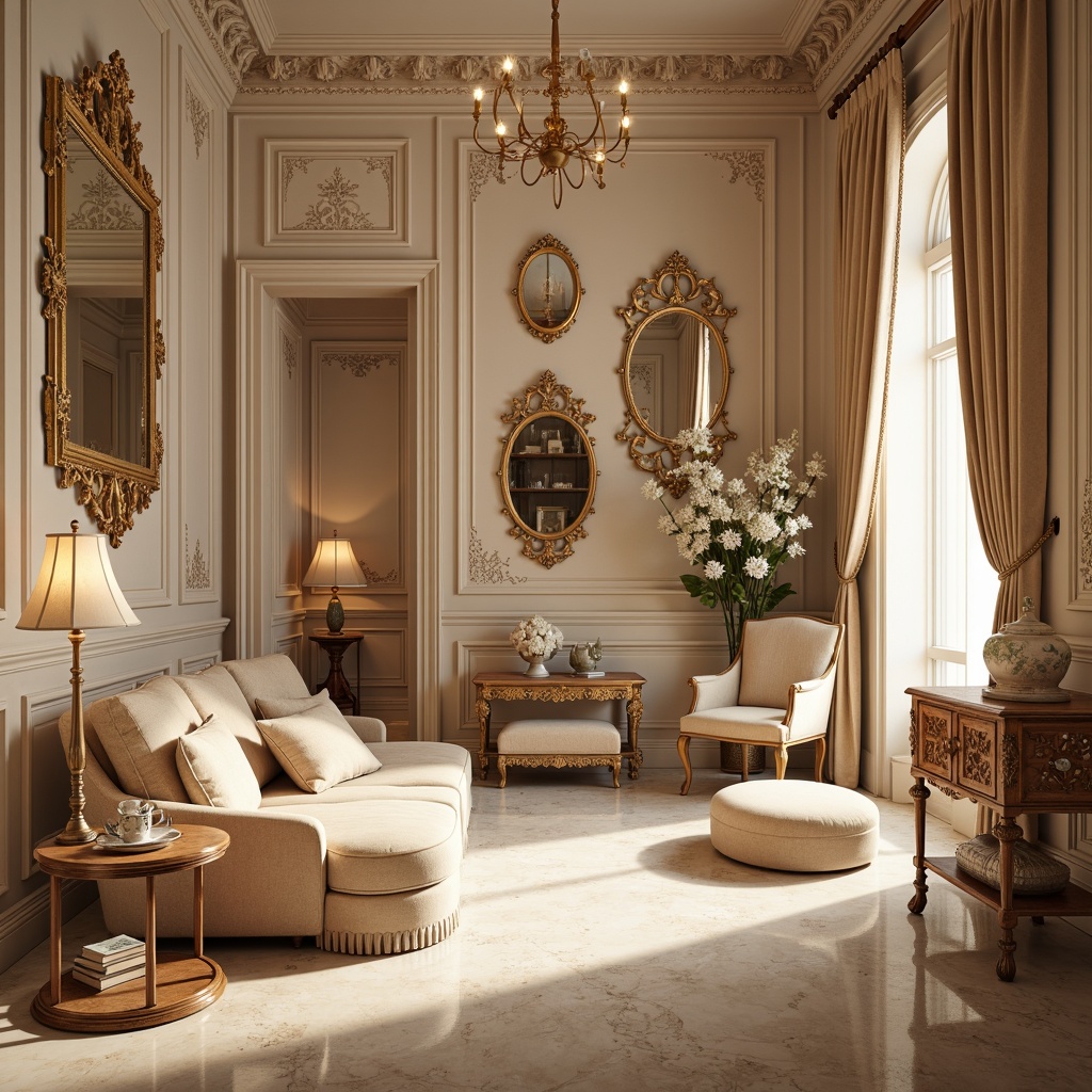 Prompt: Soft, opulent Rococo-style interior, lavish furnishings, intricately carved wooden decorations, ornate mirrors, gilded accents, delicate porcelain vases, pastel-hued walls, gentle cream-colored marble floors, subtle rose-gold lighting, warm beige velvet drapes, antique furniture pieces, curved lines, whimsical patterns, luxurious fabrics, ornamental details, romantic ambiance, soft focus, shallow depth of field, 1/2 composition, warm golden hour, subtle color gradations.