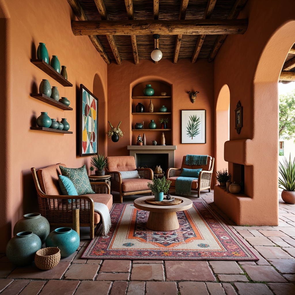 Prompt: Vibrant turquoise pottery, woven Navajo rugs, rustic wooden furniture, earthy clay vases, colorful Pueblo-inspired textiles, geometric patterned blankets, warm terracotta flooring, natural fiber wall hangings, reclaimed wood shelves, desert botanical prints, handmade ceramic tiles, soft warm lighting, shallow depth of field, 3/4 composition, realistic textures, ambient occlusion.