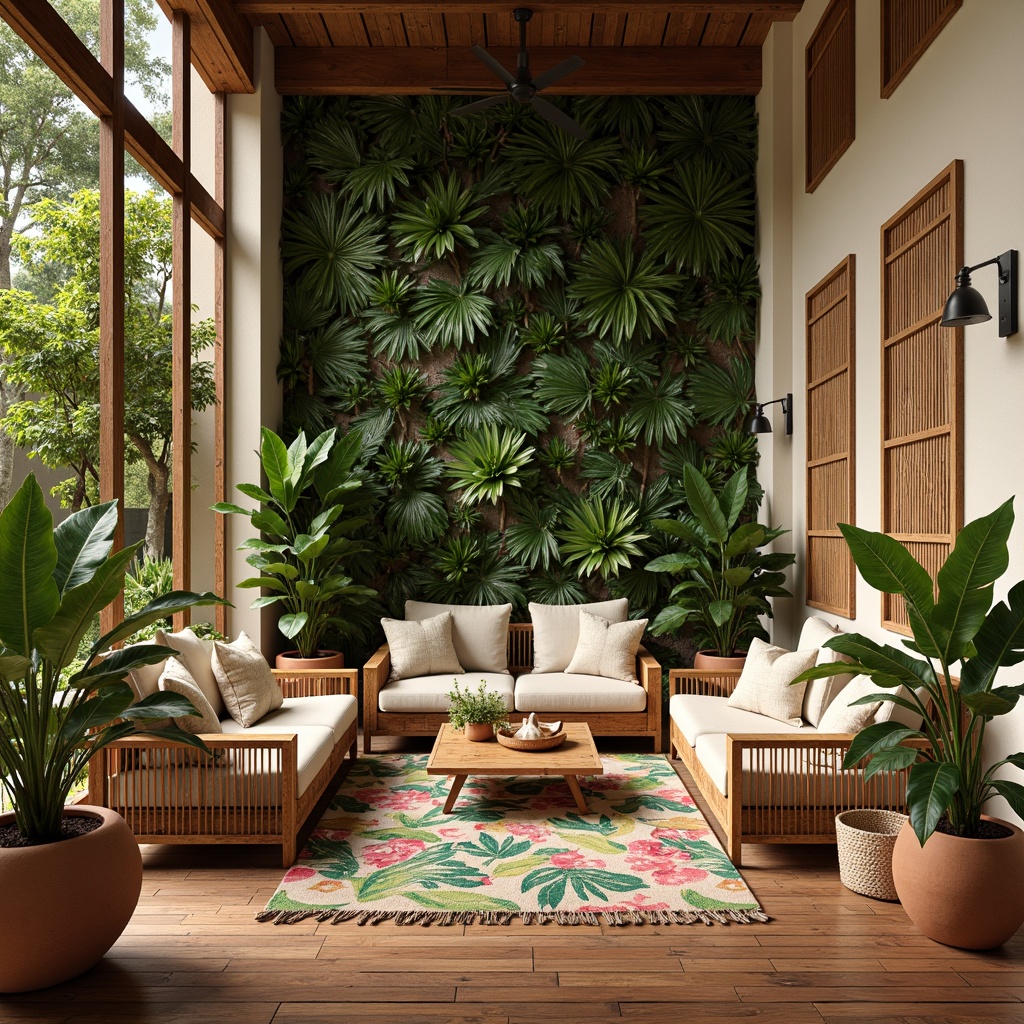 Prompt: Vibrant tropical leaves, exotic flower patterns, woven rattan furniture, distressed wood accents, natural jute rugs, earthy terracotta pots, colorful tassel details, woven bamboo screens, lush greenery walls, tropical hardwood floors, rustic driftwood decor, soft linen upholstery, warm beige stonework, sunny daylight, shallow depth of field, 1/1 composition, realistic textures, ambient occlusion.