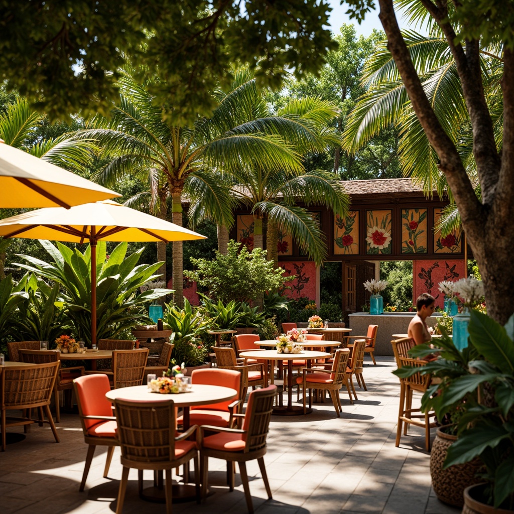 Prompt: Vibrant tropical restaurant, lush greenery, exotic floral arrangements, rattan furniture, colorful tiki torches, woven bamboo accents, natural wood tones, vibrant coral hues, turquoise glass decorations, bright yellow umbrellas, palm tree silhouettes, ocean-inspired wall art, sunny day ambiance, warm soft lighting, shallow depth of field, 3/4 composition, realistic textures, ambient occlusion.