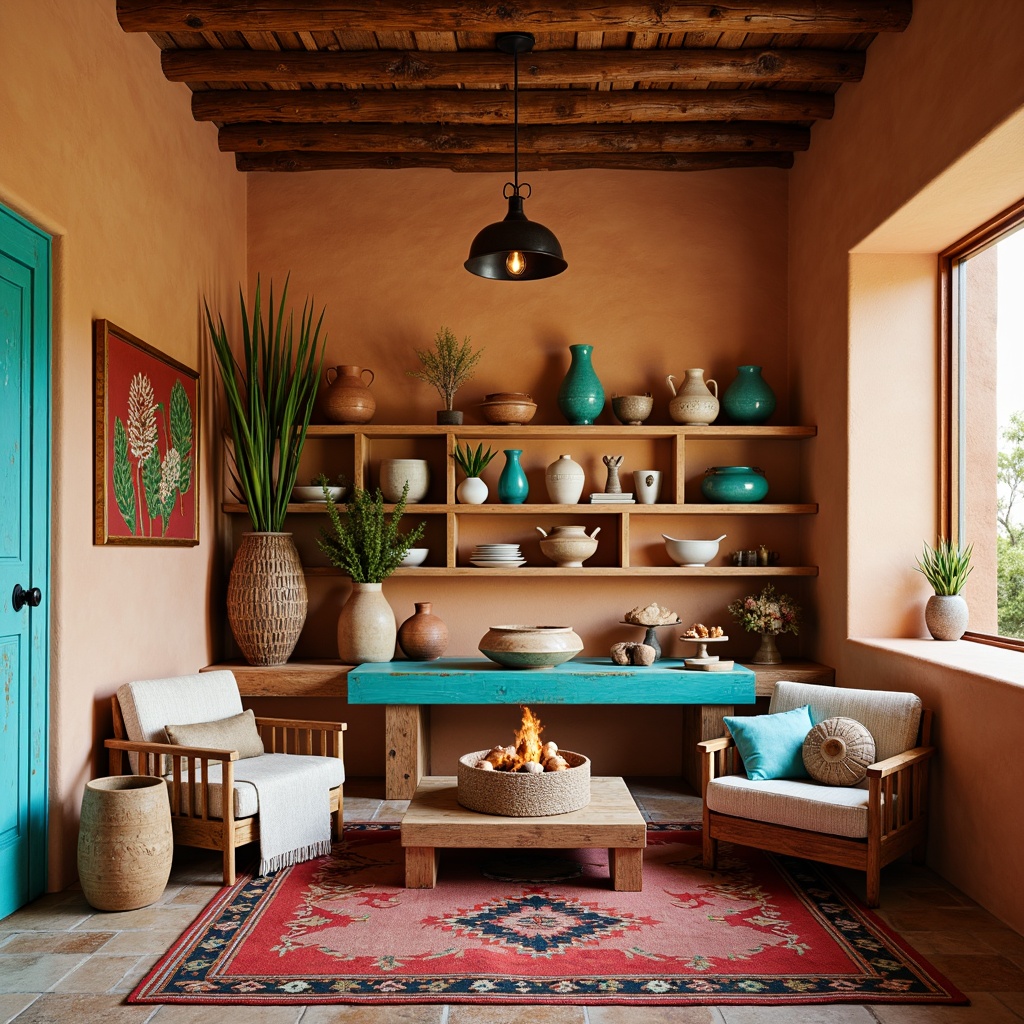 Prompt: Vibrant turquoise accents, warm terracotta pottery, rustic wooden furniture, woven Navajo-inspired rugs, natural fiber textiles, earthy clay vases, hand-painted ceramic tiles, desert botanical prints, sun-kissed adobe walls, distressed wood shelves, vintage tribal artifacts, colorful serape blankets, geometric patterned throw pillows, soft warm lighting, shallow depth of field, 3/4 composition, realistic textures, ambient occlusion.