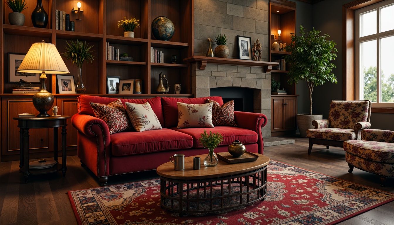 Prompt: Elegant living room, luxurious velvet sofa, rich wood coffee table, ornate metal lamp, decorative vases, plush area rug, soft warm lighting, 1/1 composition, intimate atmosphere, personal mementos, family photos, statement artwork, metallic accents, natural stone fireplace, cozy throw blankets, vibrant colorful pillows, intricate patterns, ambient occlusion.