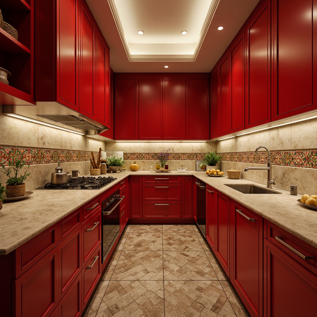 Prompt: Vibrant Asian kitchen, bold red accents, natural stone countertops, sleek cabinetry, stainless steel appliances, modern LED lighting, intricate ceramic tiles, geometric patterned backsplash, contrasting grout lines, warm ambient illumination, shallow depth of field, 1/1 composition, realistic textures, ambient occlusion.