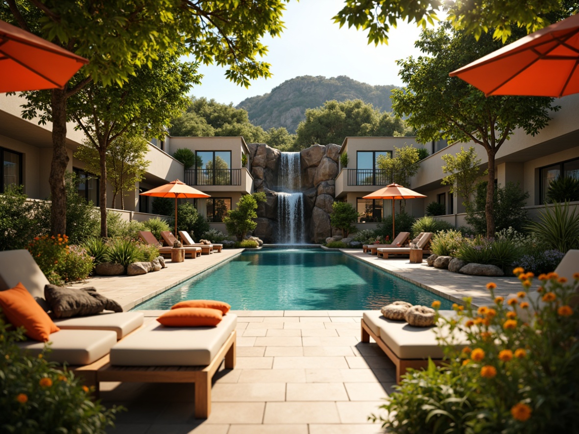 Prompt: Luxurious poolside retreat, sun-kissed deck, turquoise water, sleek lounge chairs, plush outdoor cushions, vibrant tropical umbrellas, rustic wooden tables, refreshing misting system, ambient string lighting, warm beige stone flooring, lush greenery surroundings, natural rock formations, serene waterfall feature, tranquil atmosphere, soft focus blur, 1/2 composition, warm golden hour lighting.