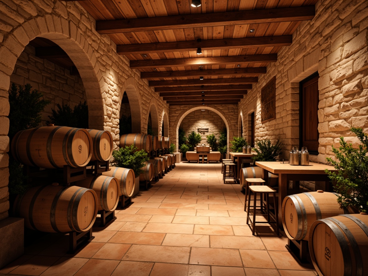 Prompt: Warm Mediterranean wine cellar, rustic stone walls, wooden barrel racks, earthy terracotta flooring, vintage wine barrels, rich wood accents, dim warm lighting, ornate metalwork, ceramic tile floors, natural travertine stones, elegant archways, soft golden lighting, 1/1 composition, intimate atmosphere, realistic textures, ambient occlusion.