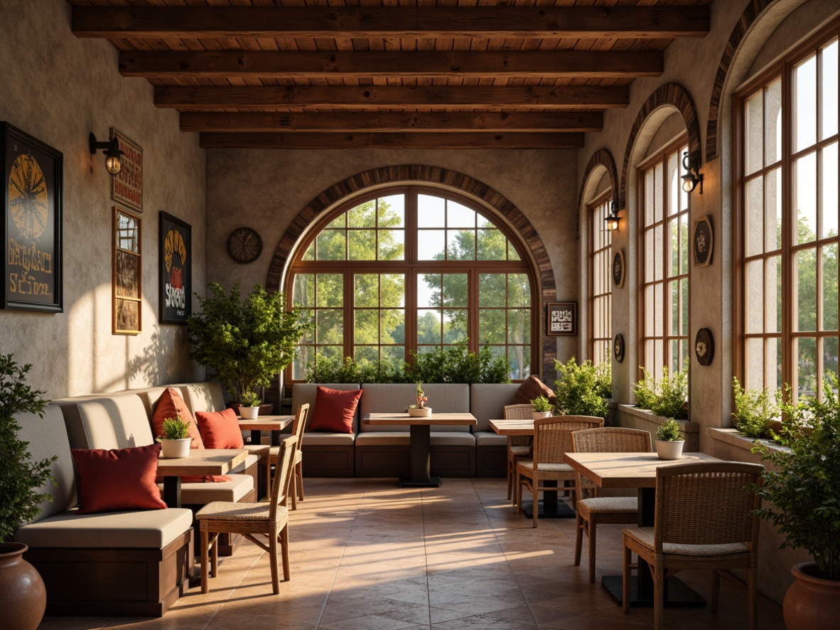 Prompt: Cozy breakfast nook, warm wood tones, soft cushioned benches, natural stone walls, vintage metal signs, rustic wooden tables, distressed finishes, woven wicker chairs, earthy terracotta pots, lush greenery, morning sunlight, soft warm lighting, shallow depth of field, 1/2 composition, intimate atmosphere, realistic textures, ambient occlusion.