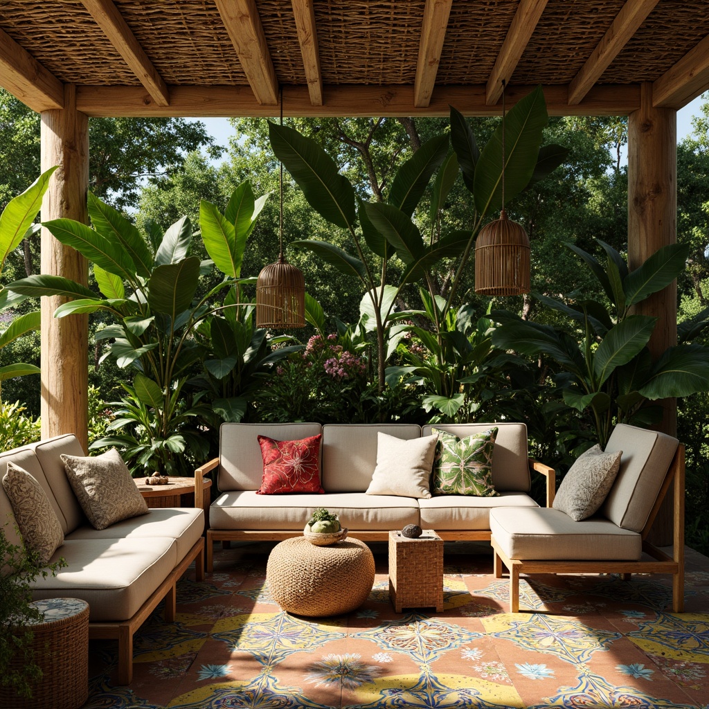 Prompt: Lush tropical foliage, exotic flowers, natural woven fibers, rattan furniture, reclaimed wood accents, vibrant colorful tiles, abstract leaf patterns, intricate botanical motifs, sunny warm lighting, soft focus blur, 1/2 composition, realistic textures, ambient occlusion.