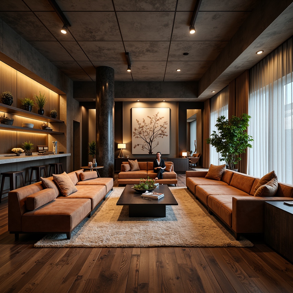 Prompt: Luxurious living room, rich wood flooring, plush velvet sofas, matte metal accents, smooth marble countertops, glossy glass tables, soft silk curtains, natural woven rugs, industrial concrete walls, edgy metal lighting fixtures, warm ambient glow, dramatic shadows, 1/1 composition, shallow depth of field, realistic textures, ambient occlusion.