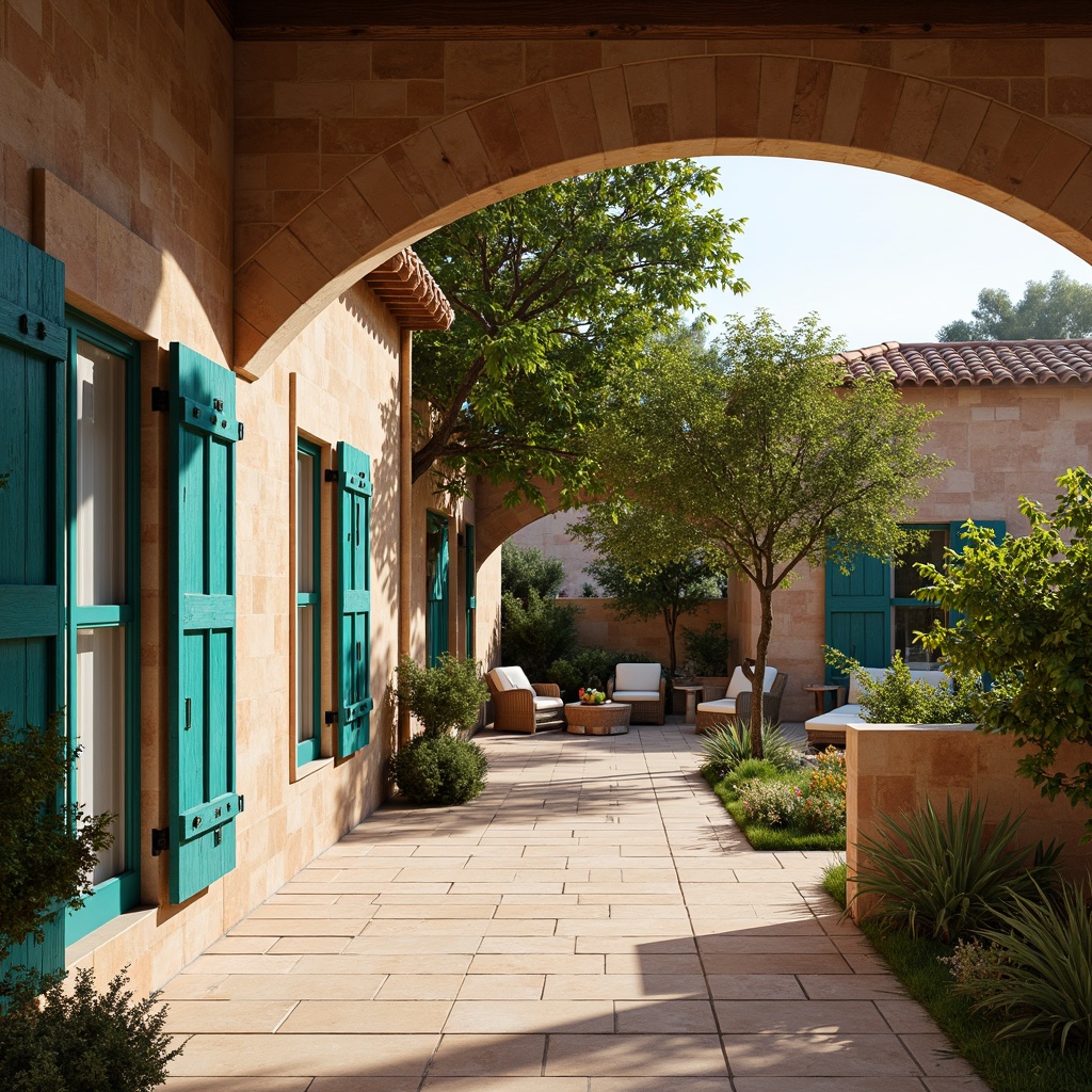 Prompt: Warm Mediterranean villa, rustic stone walls, curved archways, ornate metalwork, vibrant turquoise accents, weathered wood shutters, terracotta rooftops, lush greenery, blooming bougainvillea, scented lemon trees, tranquil outdoor spaces, soft warm lighting, shallow depth of field, 1/1 composition, realistic textures, ambient occlusion.