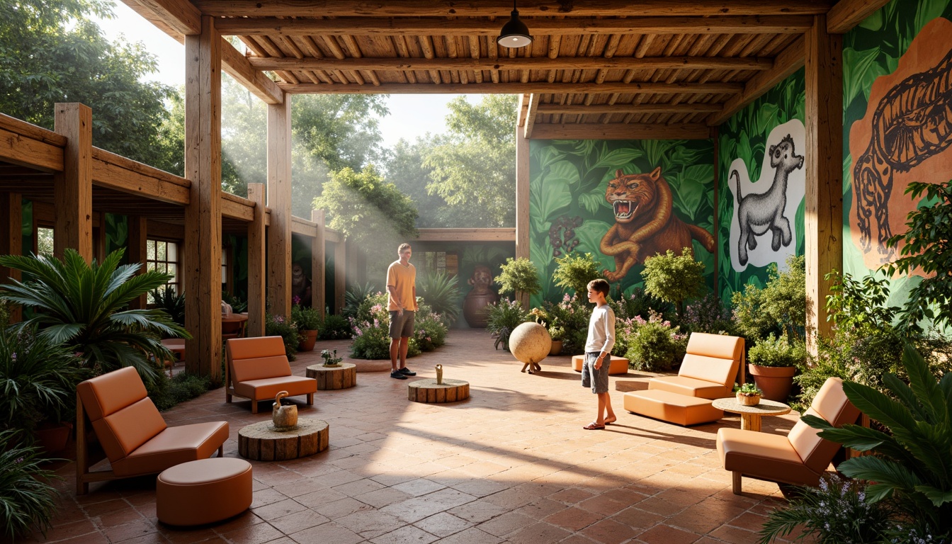 Prompt: Vibrant zoo interior, playful animal habitats, natural wood accents, earthy terracotta floors, leafy green walls, jungle-inspired textiles, bold colorful murals, whimsical lighting fixtures, rustic wooden beams, airy open spaces, exotic tropical plants, misty atmospheric effects, warm golden lighting, 1/2 composition, realistic fur textures, ambient occlusion.