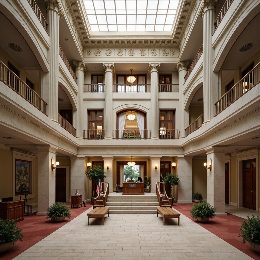 Prompt: Grand courthouse building, neoclassical style, columned facade, ornate details, spacious atrium, natural stone flooring, wooden accents, grand staircase, elegant chandeliers, functional open spaces, efficient floor plans, acoustic paneling, state-of-the-art technology integration, high-ceilinged courtrooms, comfortable seating areas, ample natural lighting, soft diffused lighting, 1/1 composition, symmetrical framing, realistic textures, ambient occlusion.