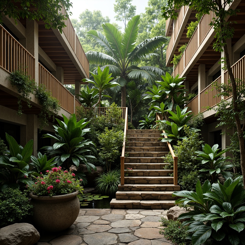 Prompt: Lush tropical staircase, exotic plant species, vibrant greenery, natural stone walls, wooden handrails, rope banisters, earthy tones, warm lighting, misty atmosphere, dramatic foliage, trailing vines, flower-filled planters, water features, small ponds, tranquil ambiance, 3/4 composition, shallow depth of field, realistic textures, ambient occlusion.