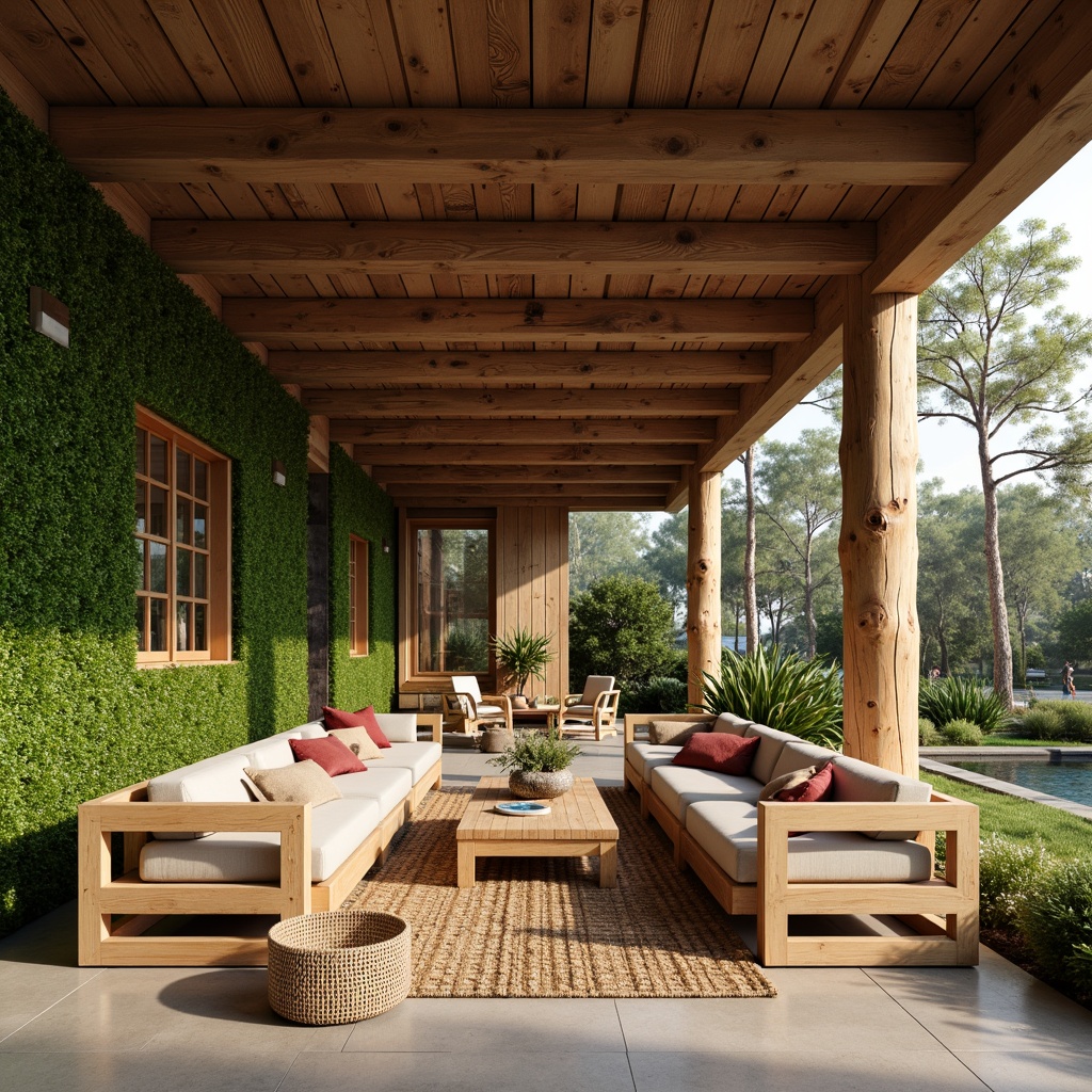 Prompt: Earthy tone, reclaimed wood accents, living green walls, organic shapes, natural stone flooring, woven bamboo furniture, rattan decor, jute rug, earthy ceramics, wooden beam ceiling, large windows, soft warm lighting, minimal ornamentation, 3/4 composition, panoramic view, realistic textures, ambient occlusion.