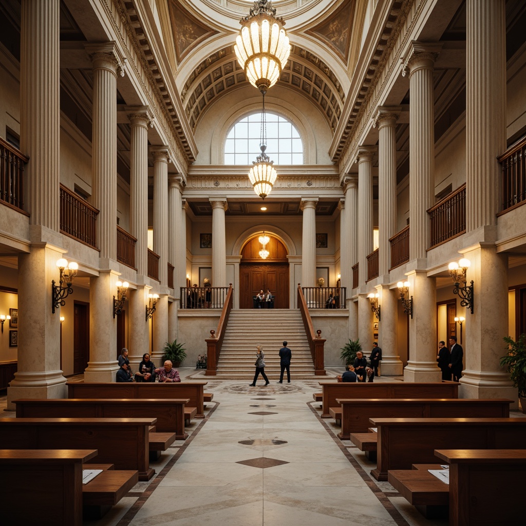 Prompt: Grand courthouse building, neoclassical style, imposing columns, ornate details, symmetrical facade, grand staircase, high ceilings, spacious hallways, natural stone walls, wooden benches, elegant chandeliers, solemn atmosphere, soft warm lighting, shallow depth of field, 3/4 composition, panoramic view, realistic textures, ambient occlusion, functional layout, efficient circulation paths, accessible public areas, secure private zones, advanced security systems, modern courtrooms, state-of-the-art technology integration.