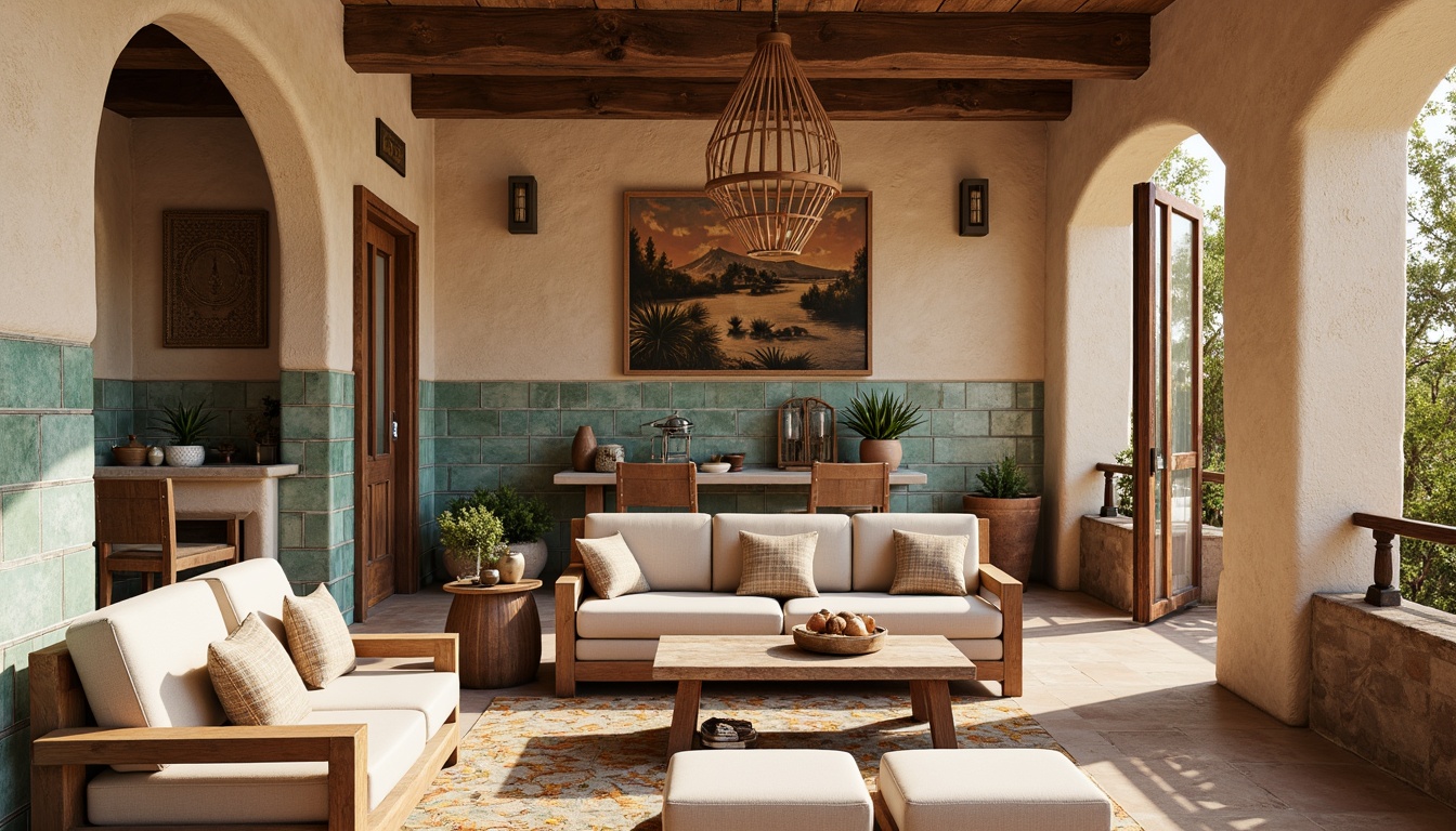 Prompt: Earth-toned adobe walls, rough-hewn stone textures, distressed wooden accents, turquoise glass tiles, woven Native American patterns, rustic metal details, warm beige stucco, vibrant ceramic mosaics, desert-inspired botanical prints, natural linen fabrics, soft warm lighting, 1/2 composition, realistic renderings, ambient occlusion.