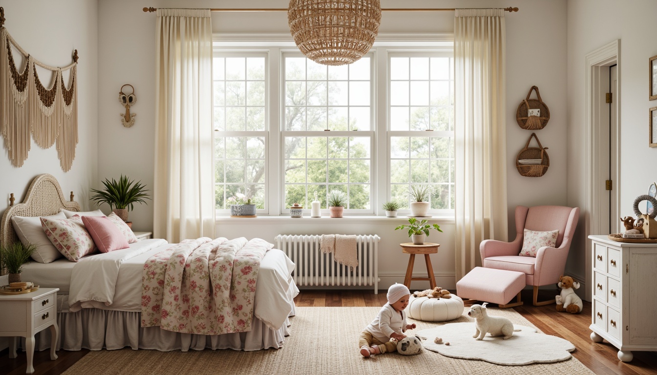 Prompt: Whimsical kids' room, soft pastel hues, vintage furniture, distressed finishes, lace curtains, ruffled bed skirts, floral patterns, velvet pillows, woven baskets, macrame wall hangings, natural fiber rugs, creamy whites, warm beiges, pale pinks, baby blues, shabby-chic accents, rustic wood tones, subtle sheen fabrics, layered textiles, relaxed casual atmosphere, cozy reading nooks, soft warm lighting, 1/2 composition, intimate focus.