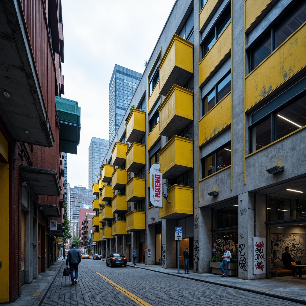 Prompt: Rugged concrete structures, industrial metal accents, bold color blocking, vibrant yellow highlights, deep blue undertones, raw unfinished textures, exposed ductwork, urban cityscape, overcast skies, dramatic shadows, high-contrast lighting, abstract geometric patterns, distressed finishes, graffiti-inspired murals, brutalist architectural style, functional minimalism, utilitarian aesthetics.