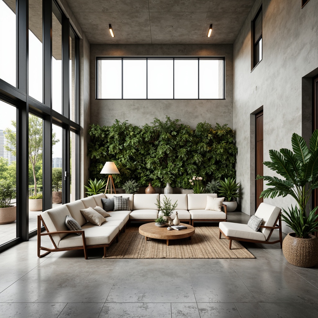 Prompt: Minimalist interior design, open floor plan, high ceilings, large windows, sliding glass doors, natural light pouring in, airy atmosphere, functional furniture layout, sleek lines, modern aesthetic, polished concrete floors, industrial chic decor, urban loft vibe, abundant greenery, lush plants, vertical garden wall, soft warm lighting, shallow depth of field, 3/4 composition, panoramic view, realistic textures, ambient occlusion.