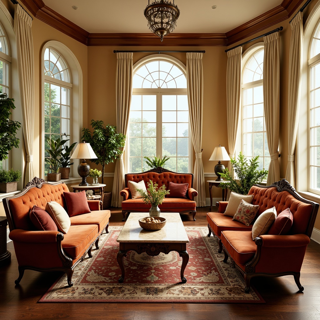 Prompt: Sunroom with classicism style, elegant wooden furniture, comfortable velvet sofas, ornate carved armchairs, luxurious marble coffee tables, intricately patterned rugs, warm beige walls, large windows with white drapery, natural light pouring in, soft warm glow, shallow depth of field, 1/1 composition, realistic textures, ambient occlusion.