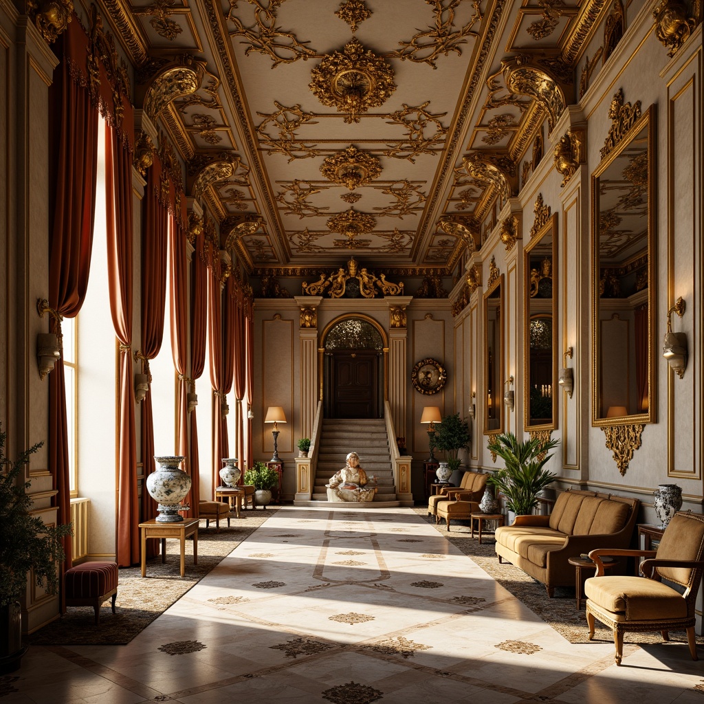 Prompt: Ornate Rococo-style palace, intricately molded ornaments, gilded details, soft golden lighting, lavish furnishings, velvet drapes, ornamental mirrors, carved wooden panels, delicate porcelain vases, exquisite marble sculptures, flowing curves, asymmetrical compositions, highly decorative elements, rich textures, warm earthy tones, French-inspired architecture, grandiose scale, dramatic ceiling heights, sweeping staircases, opulent chandeliers, refined elegance, subtle nuances, 1/2 composition, shallow depth of field, realistic reflections.