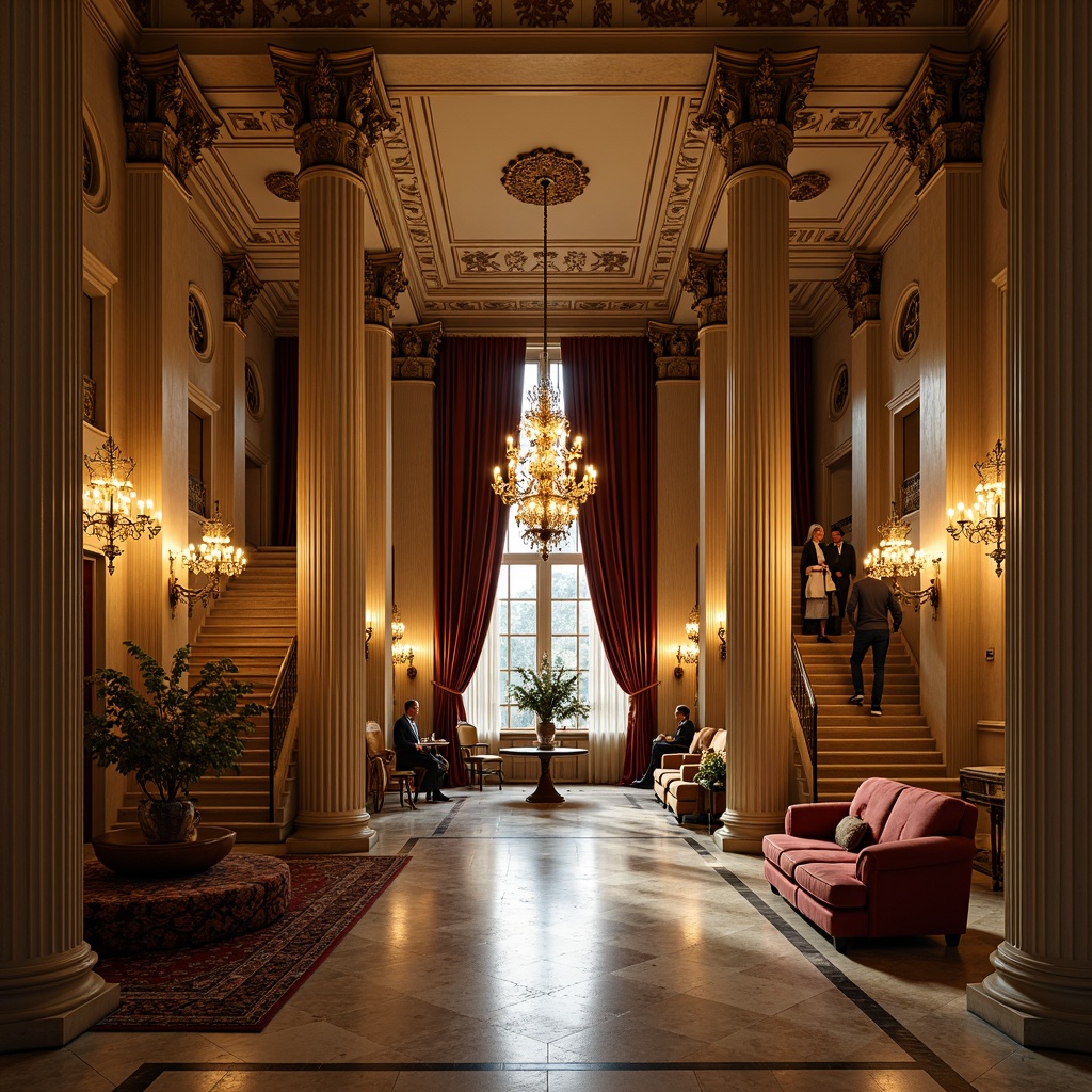 Prompt: Grandiose hall, classical columns, ornate capitals, intricately carved details, marble floors, stately chandeliers, lavish furnishings, rich velvet drapes, majestic staircase, opulent decorative moldings, symmetrical architecture, balanced composition, warm golden lighting, soft focus, 1/2 composition, atmospheric perspective, realistic textures, subtle ambient occlusion.