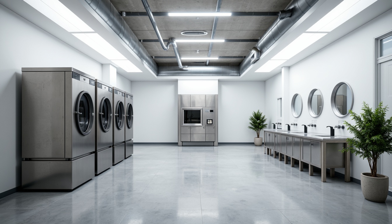 Prompt: Futuristic laundry room, sleek metallic machines, minimalist design, pure white walls, polished concrete floors, modern LED lighting, sparse greenery, industrial-style pipes, stainless steel countertops, compact storage units, automatic detergent dispensers, touchless faucets, circular mirrors, ambient soft glow, shallow depth of field, 1/1 composition, realistic reflections, subtle texture details.