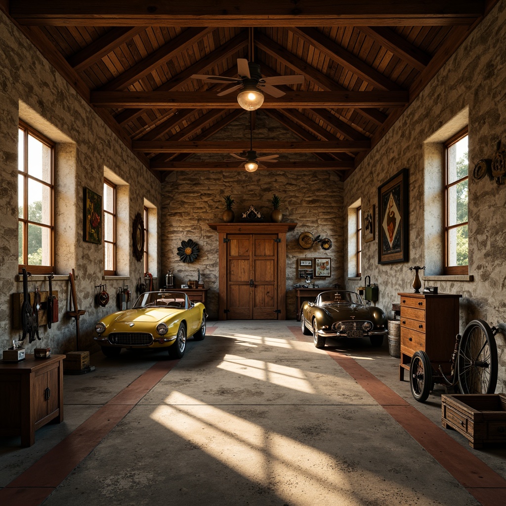 Prompt: Rustic garage interior, classicism style, warm earthy tones, wooden accents, distressed wood flooring, worn stone walls, vintage metal tools, nostalgic car models, soft warm lighting, shallow depth of field, 1/1 composition, realistic textures, ambient occlusion.