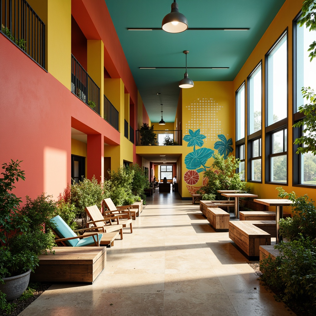 Prompt: Vibrant eclectic school building, bold color blocking, bright coral walls, turquoise accents, yellow citrus hues, sky blue ceilings, warm beige floors, playful polka dot patterns, whimsical mural art, distressed wood textures, industrial metal fixtures, reclaimed wood benches, lush greenery, overflowing planters, natural stone pathways, modern geometric shapes, abstract graffiti, eclectic furniture, mismatched chair legs, vintage-inspired lighting, warm cozy atmosphere, soft warm lighting, shallow depth of field, 3/4 composition.