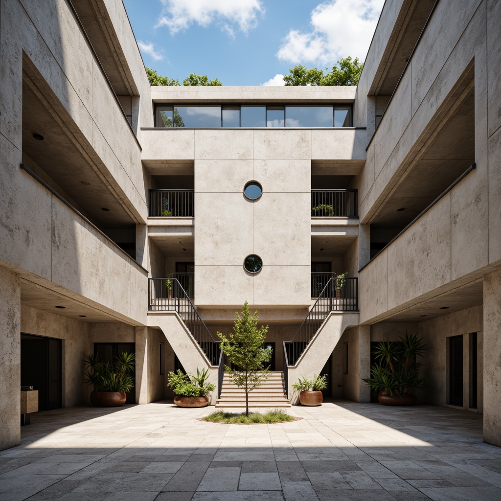 Prompt: Geometric courthouse, symmetrical fa\u00e7ade, angular lines, rectangular shapes, circular motifs, bold typography, primary color scheme, functionalist architecture, modernist influences, industrial materials, concrete walls, steel beams, minimalist decor, cantilevered stairs, open floor plans, natural light, diffused shadows, 1/1 composition, low-angle shot, high-contrast lighting, abstract textures, ambient occlusion.