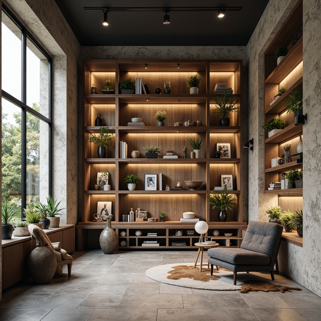 Prompt: Modern interior space, open shelving system, minimalist aesthetic, reclaimed wood accents, industrial metal frames, ample storage capacity, decorative vases, potted greenery, eclectic artwork, natural stone flooring, soft warm lighting, shallow depth of field, 3/4 composition, realistic textures, ambient occlusion.