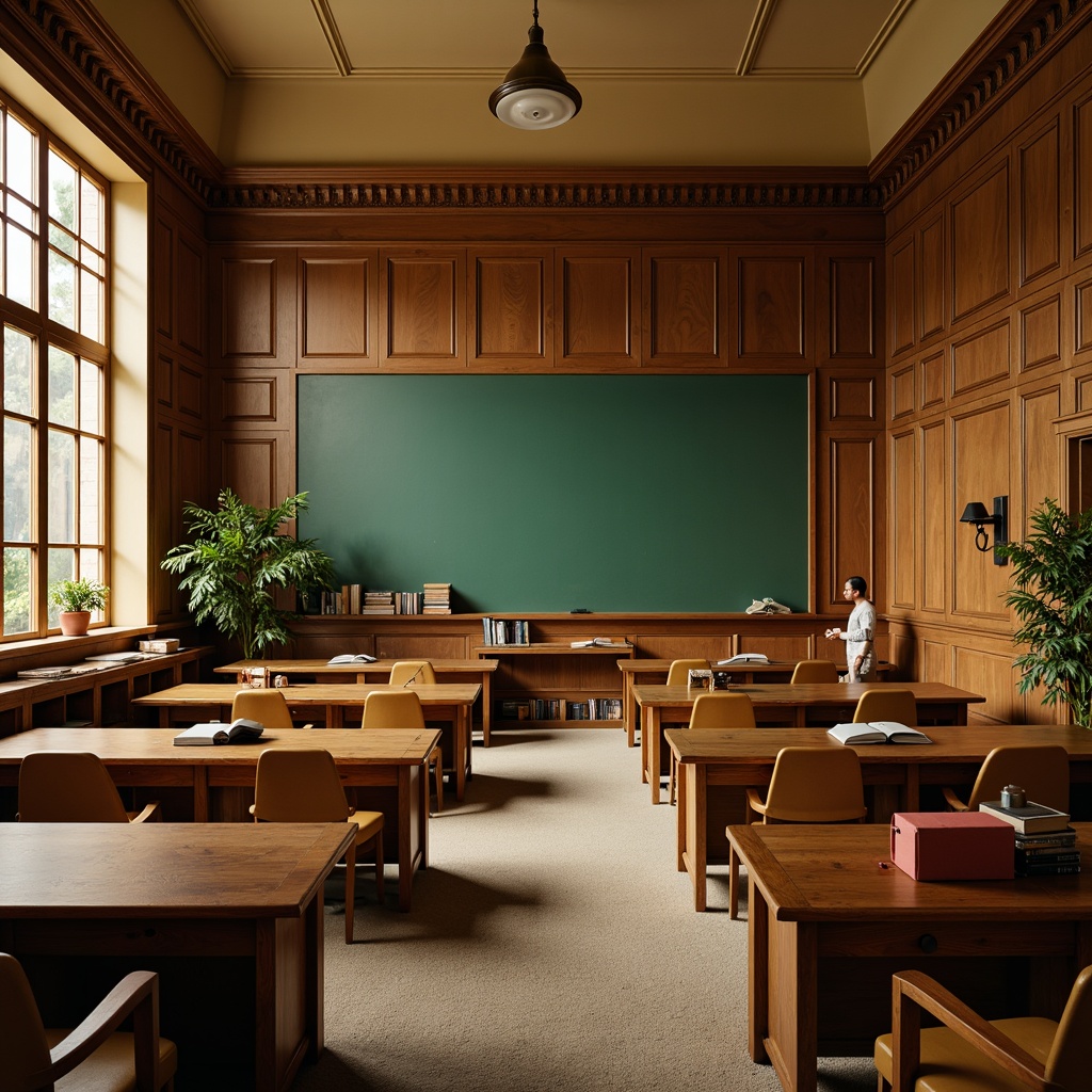 Prompt: Traditional university atmosphere, rich wood tones, warm beige walls, comfortable earthy brown furniture, vintage green chalkboards, classic wooden desks, leather-bound books, subtle golden lighting, soft carpeted floors, elegant crown molding, sophisticated neutral color palette, calm and focused ambiance, shallow depth of field, 1/1 composition, realistic textures, ambient occlusion.